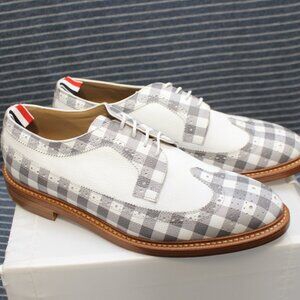 Thom Browne white pebble-grain and gray gingham Spectators